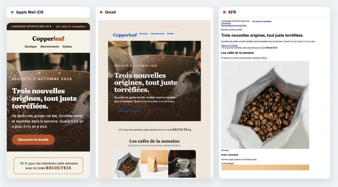 La même newsletter affichée dans Apple Mail iOS, Gmail et SFR