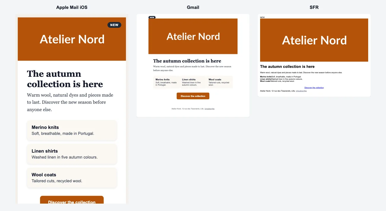 Le même email affiché dans Apple Mail iOS, Gmail et SFR