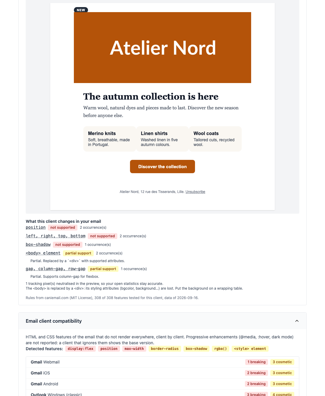Client rendering section of the Rendering tab, with the Gmail preview selected and the list of changes Gmail applies below the preview