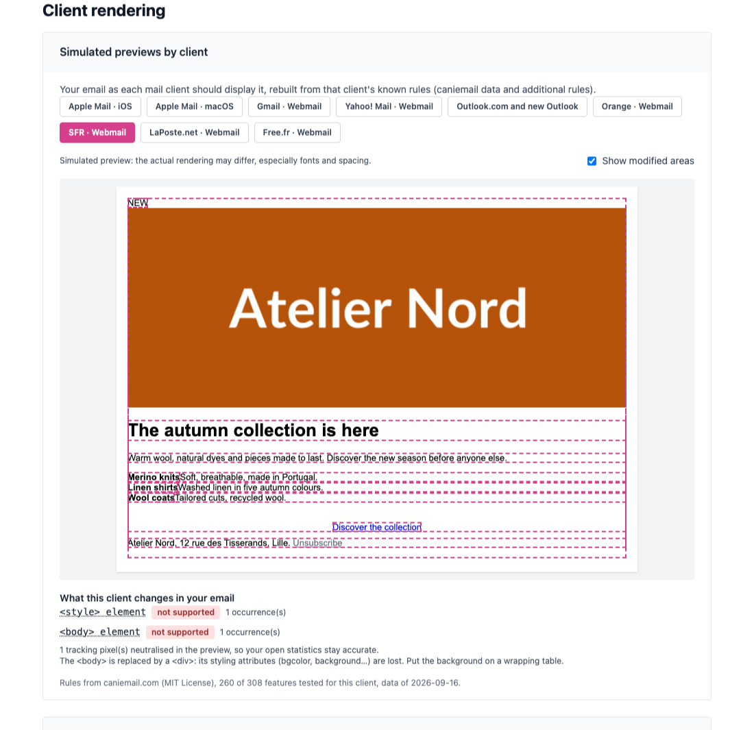 SFR preview with modified areas outlined in dashes: without the style block, every element styled by the stylesheet loses its look