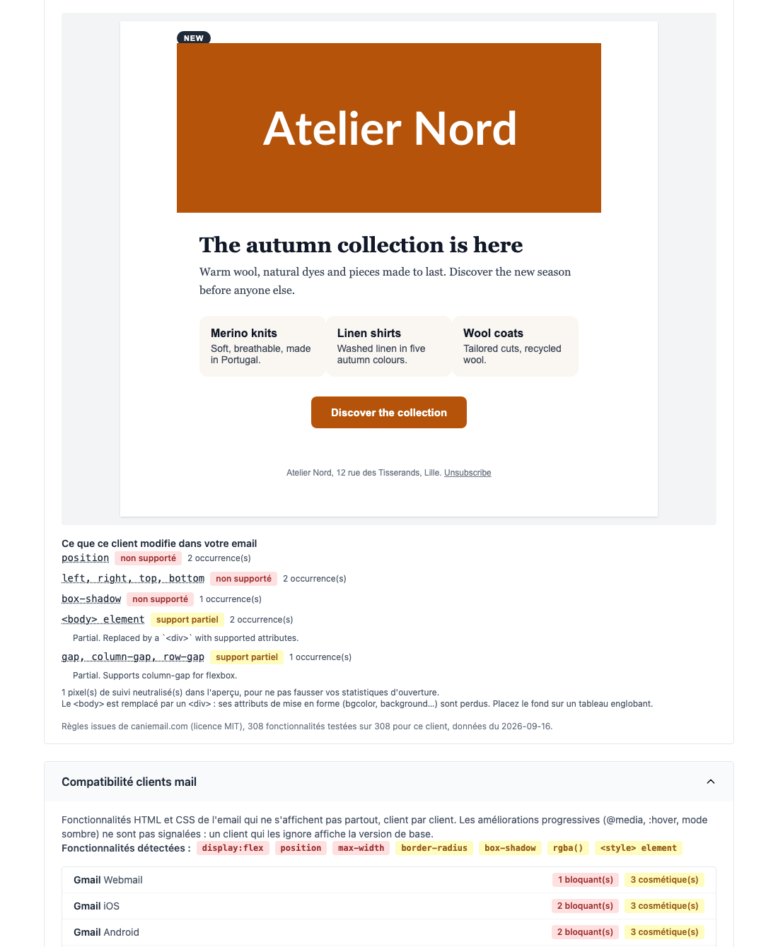 Section Rendus clients de l'onglet Rendu, avec l'aperçu Gmail sélectionné et la liste des modifications appliquées par Gmail sous l'aperçu