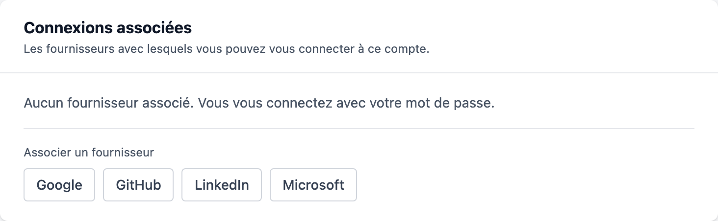 Carte Connexions associées du profil, avec les boutons Google, GitHub, LinkedIn et Microsoft