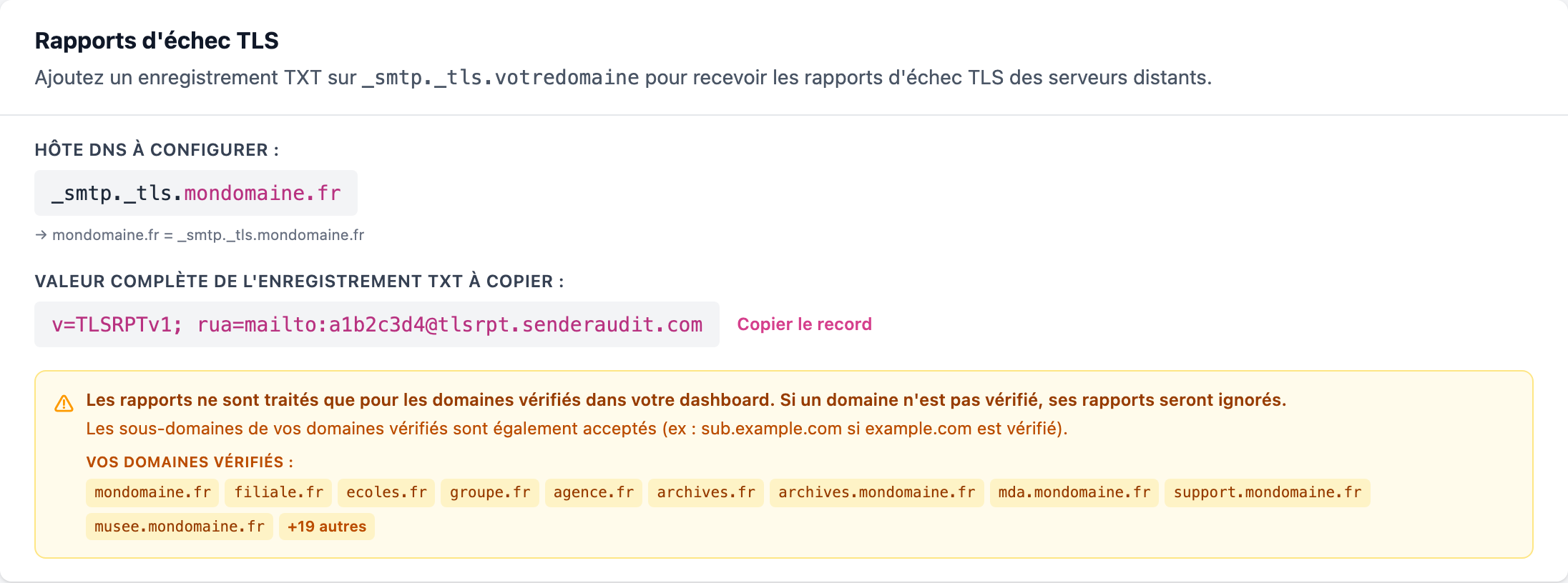 Carte d'activation des rapports TLS dans le tableau de bord, avec l'hôte DNS et l'enregistrement TXT à copier